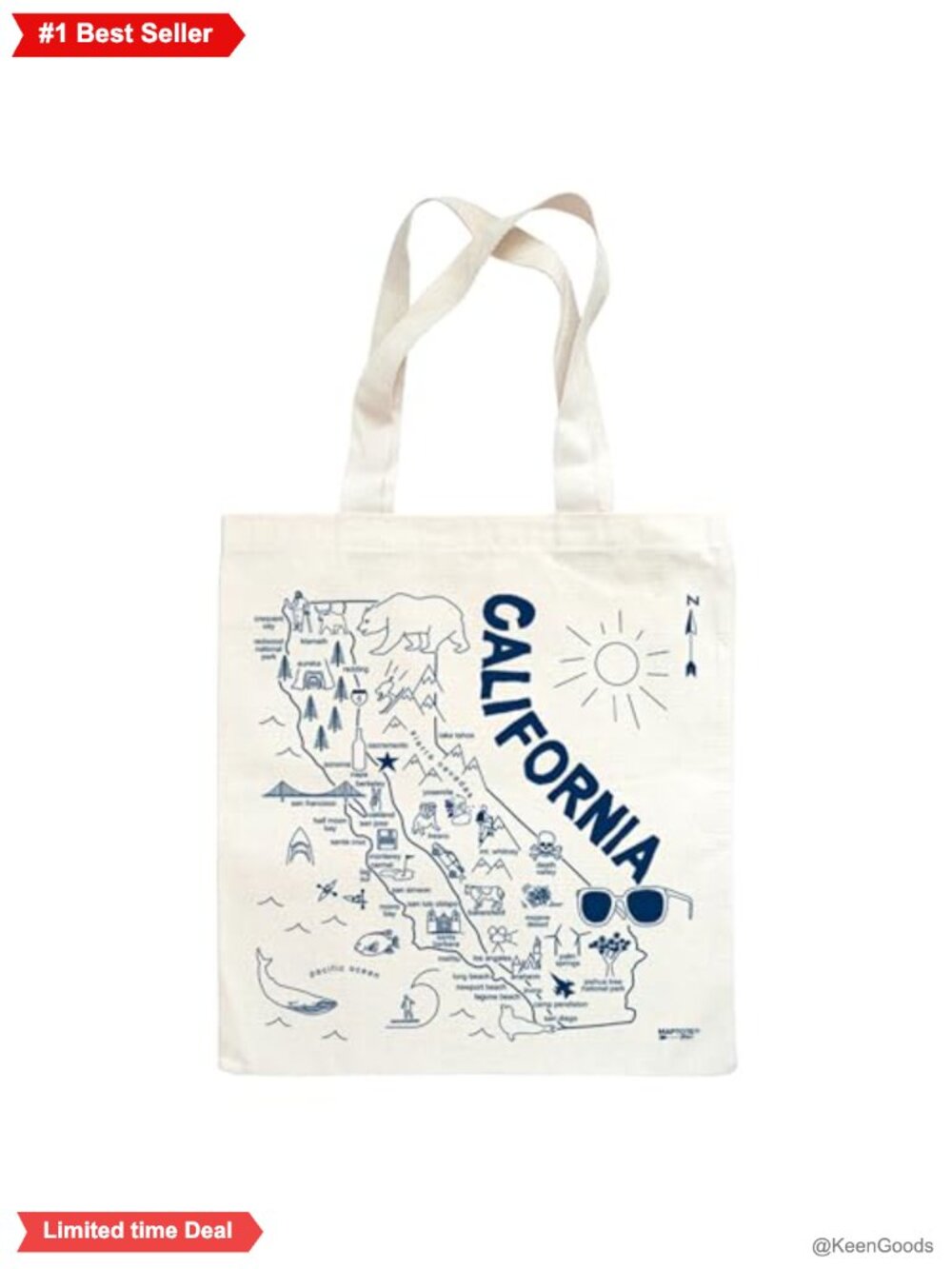Reusable Cotton Canvas Grocery Tote Bag Map Print 15x14 USA Made